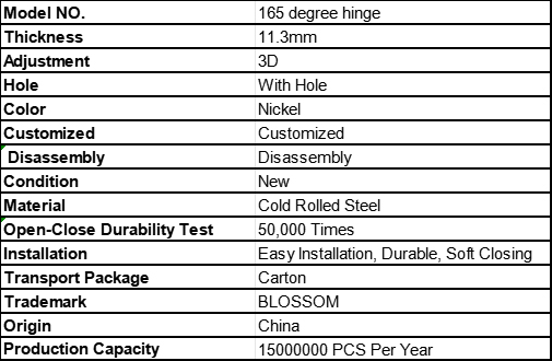 165 Degree kitchen wardrobe hardware soft close Cold Rolled Steel clip on hinge spec sheet Model 165° 3D for cabinet furniture fitting